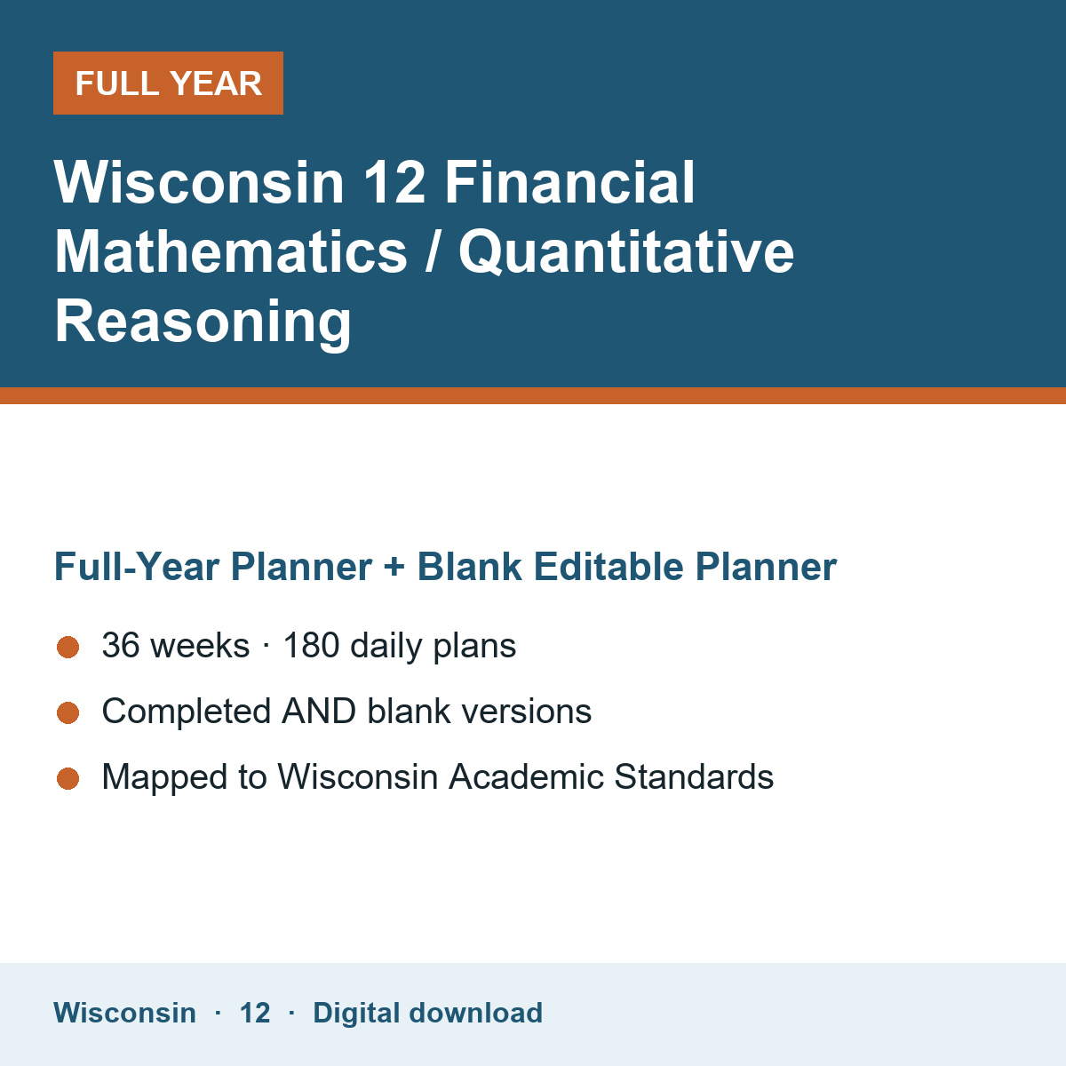 Cover of the Wisconsin Grade 12 Financial Mathematics / Quantitative Reasoning full-year teacher planner