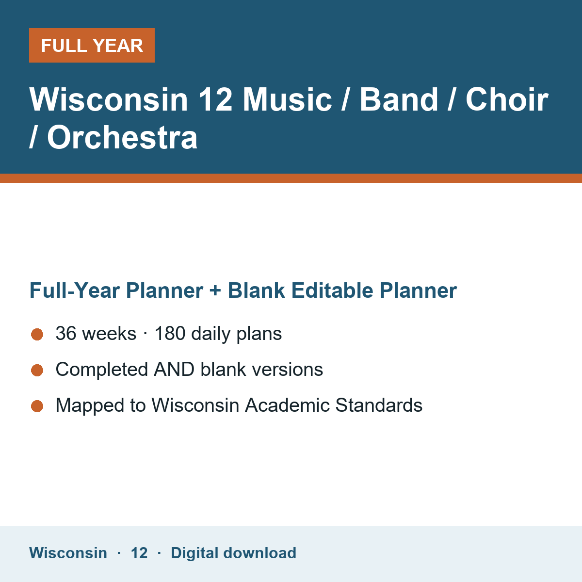 Cover of the Wisconsin Grade 12 Music / Band / Choir / Orchestra full-year teacher planner