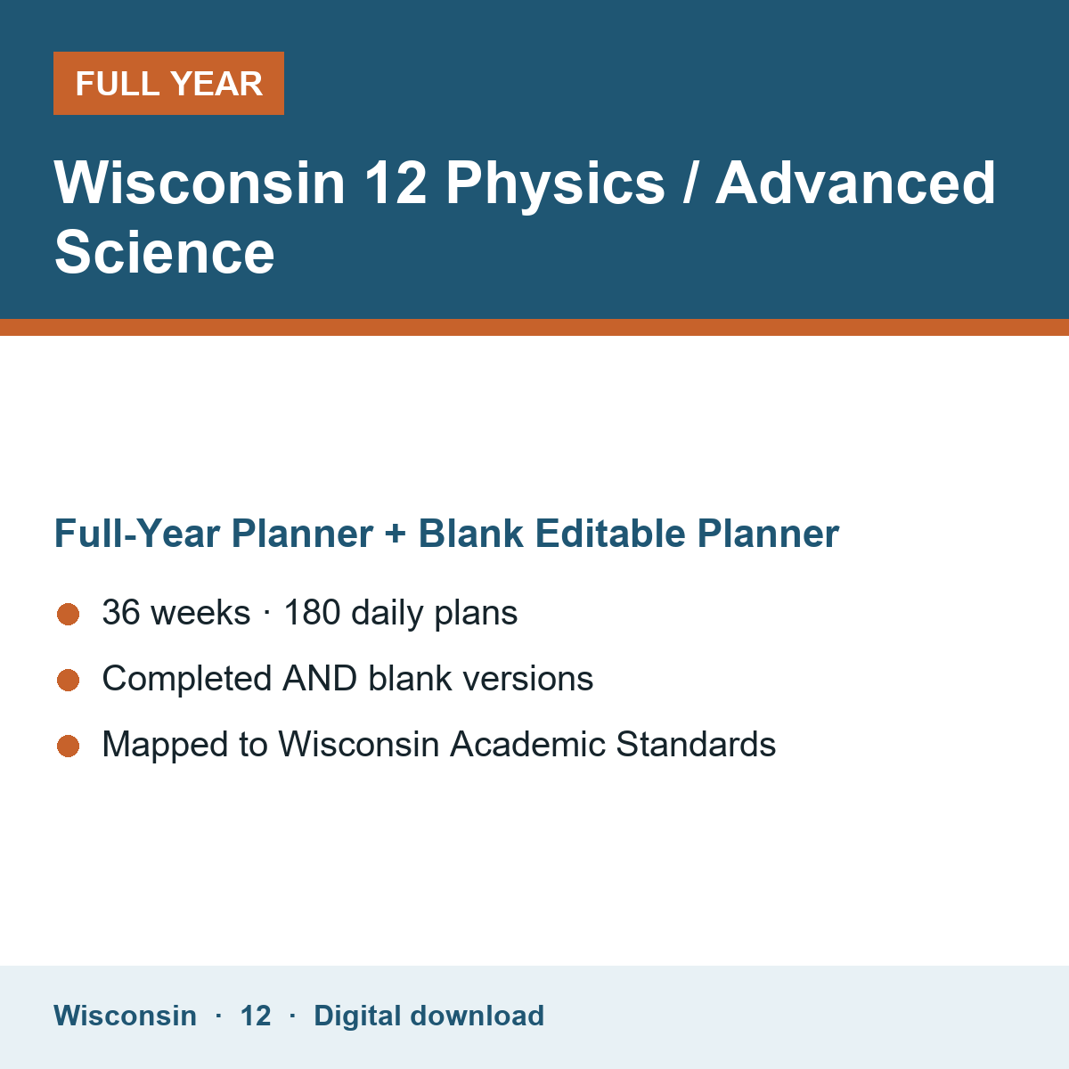 Cover of the Wisconsin Grade 12 Physics / Advanced Science full-year teacher planner