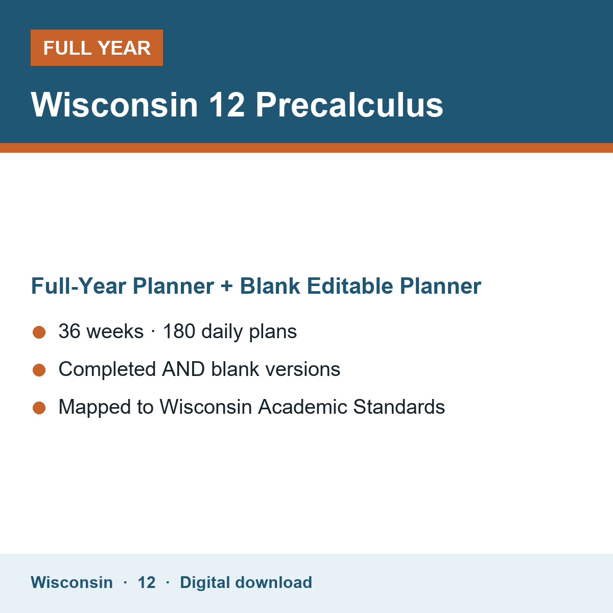 Cover of the Wisconsin Grade 12 Precalculus full-year teacher planner