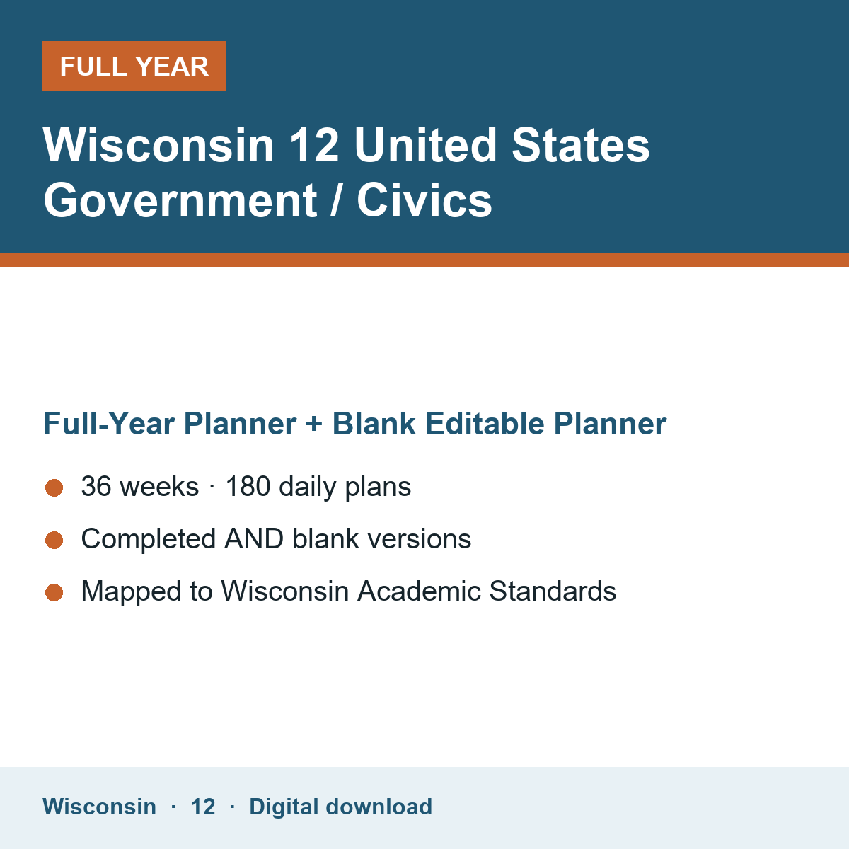 Cover of the Wisconsin Grade 12 United States Government / Civics full-year teacher planner