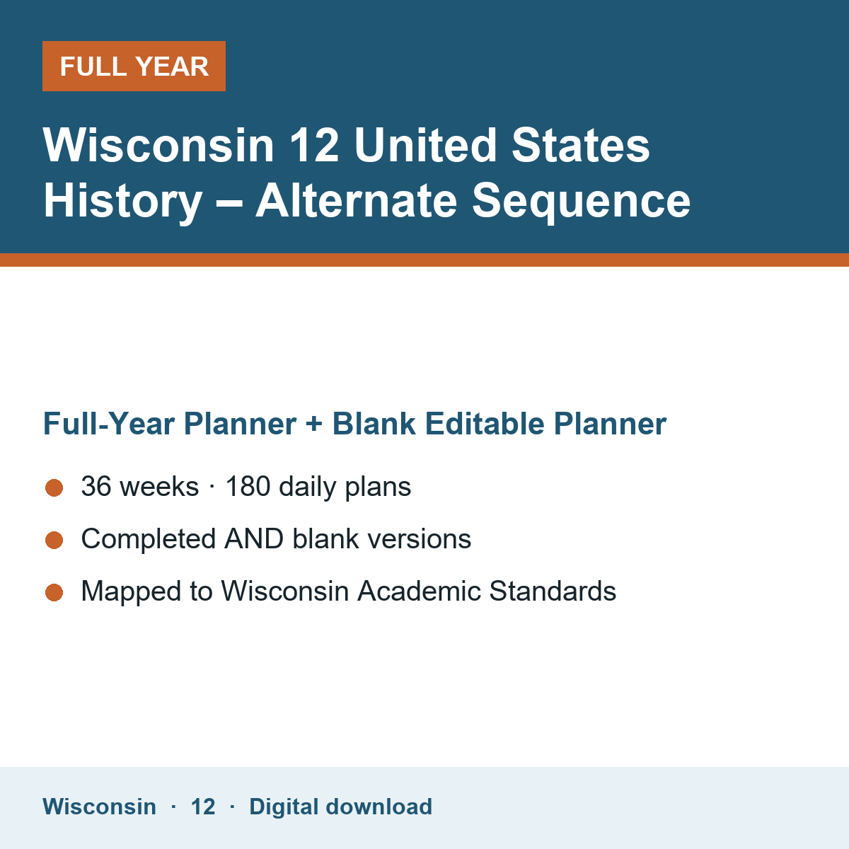 Cover of the Wisconsin Grade 12 United States History – Alternate Sequence full-year teacher planner
