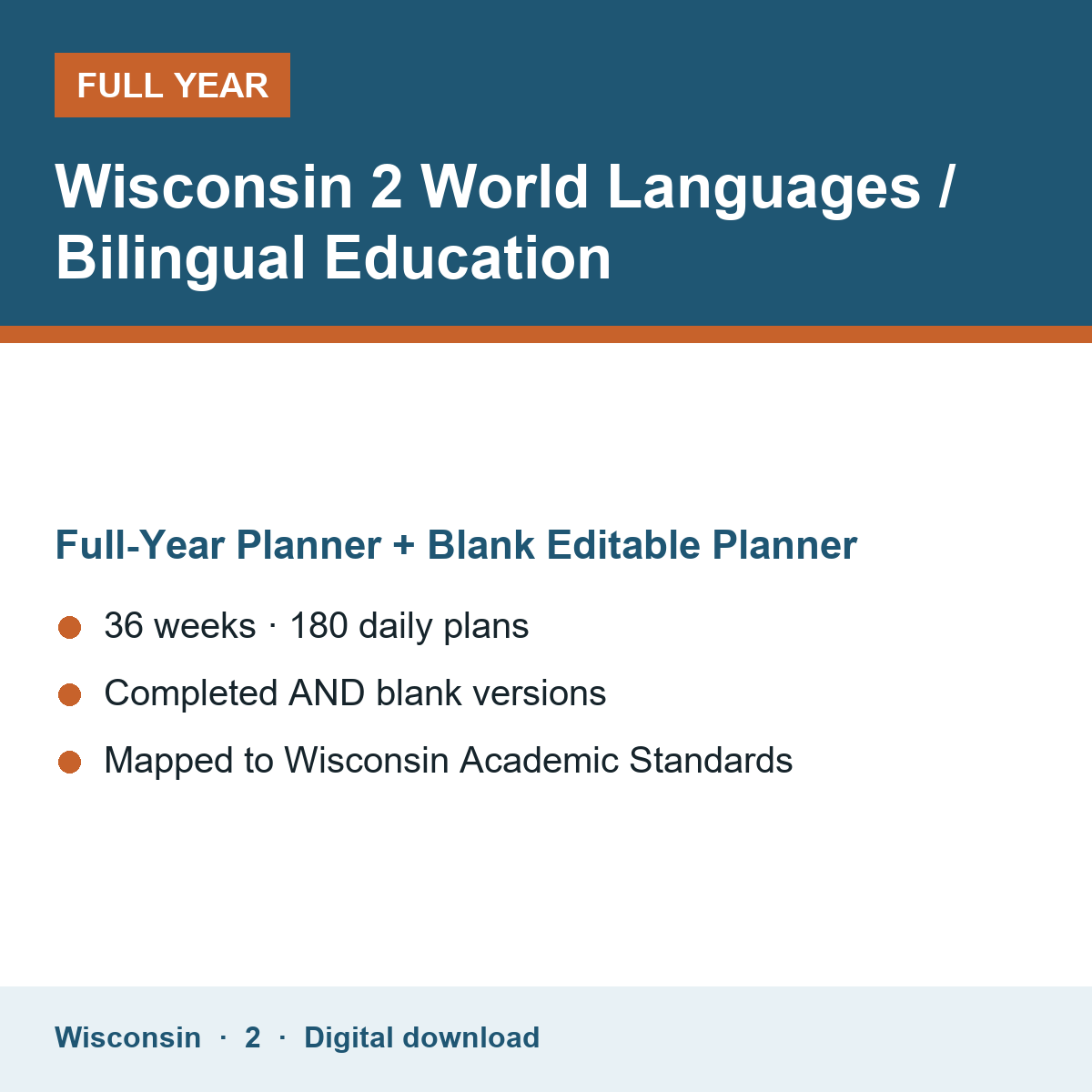 Cover of the Wisconsin Grade 2 World Languages / Bilingual Education full-year teacher planner