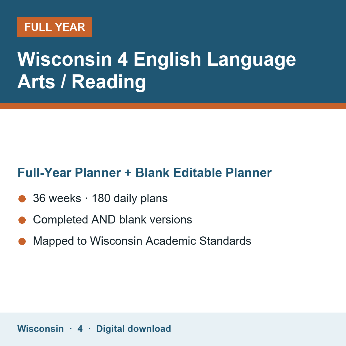 Cover of the Wisconsin Grade 4 English Language Arts / Reading full-year teacher planner