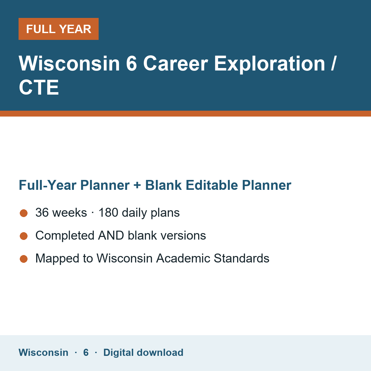 Cover of the Wisconsin Grade 6 Career Exploration / CTE full-year teacher planner