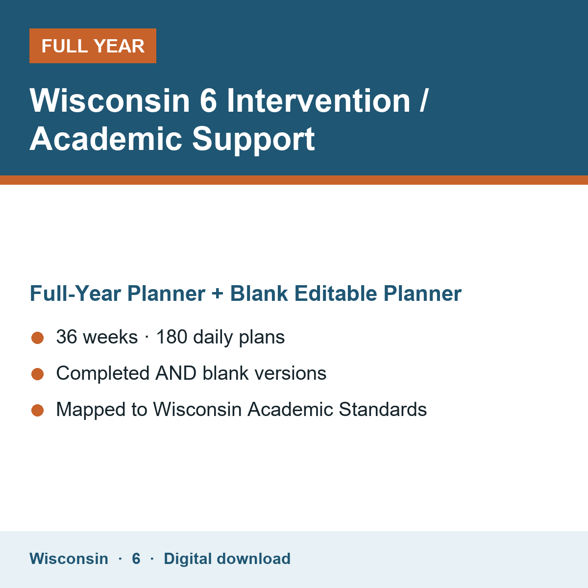 Cover of the Wisconsin Grade 6 Intervention / Academic Support full-year teacher planner