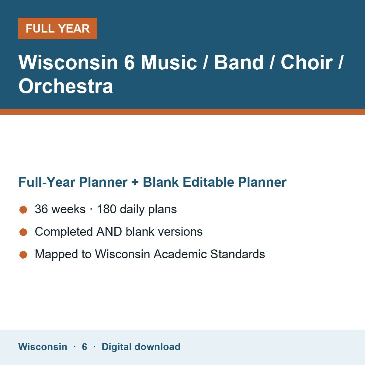 Cover of the Wisconsin Grade 6 Music / Band / Choir / Orchestra full-year teacher planner