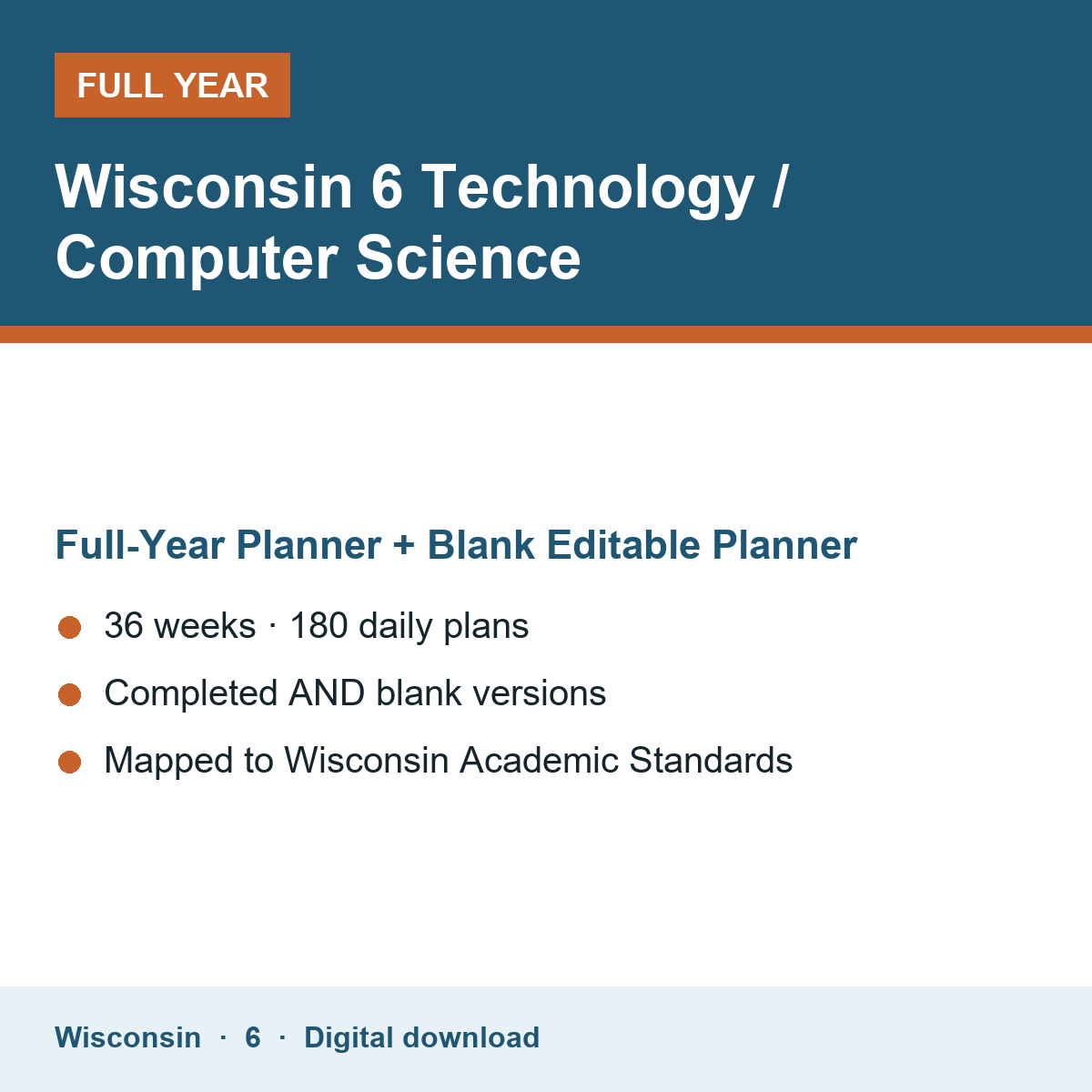 Cover of the Wisconsin Grade 6 Technology / Computer Science full-year teacher planner