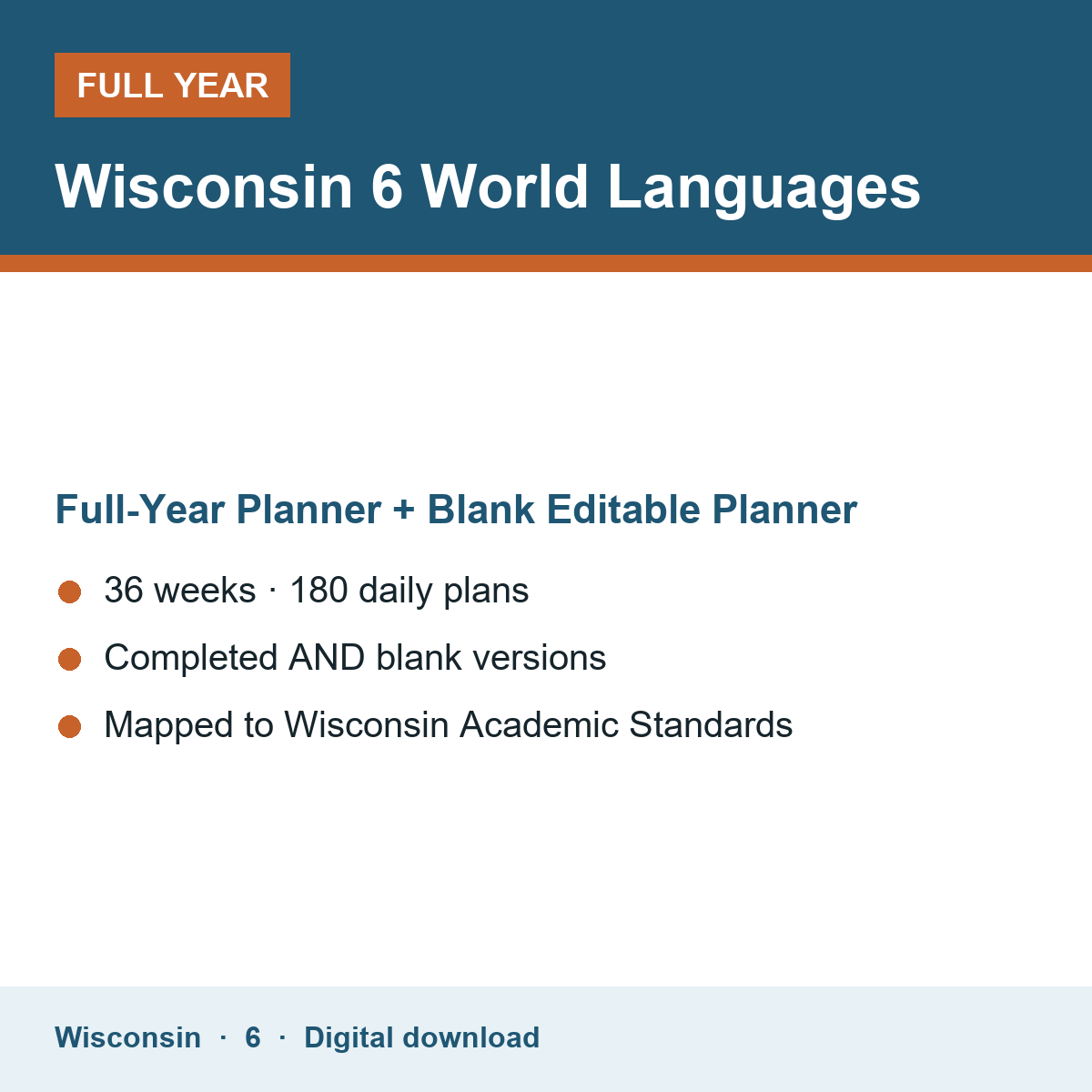 Cover of the Wisconsin Grade 6 World Languages full-year teacher planner