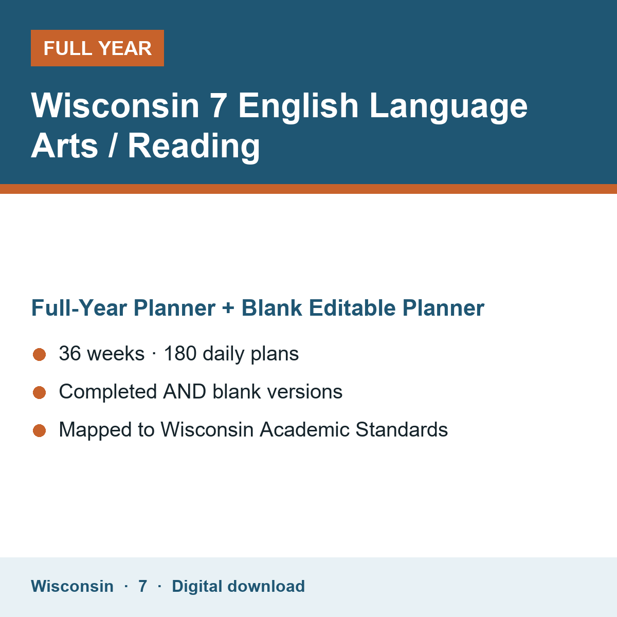 Cover of the Wisconsin Grade 7 English Language Arts / Reading full-year teacher planner