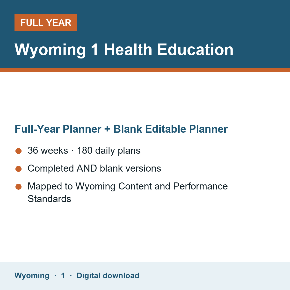 Cover of the Wyoming Grade 1 Health Education full-year teacher planner