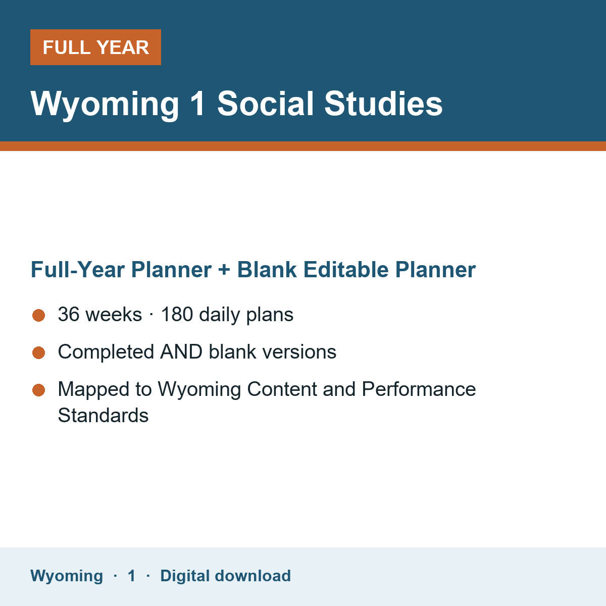 Cover of the Wyoming Grade 1 Social Studies full-year teacher planner