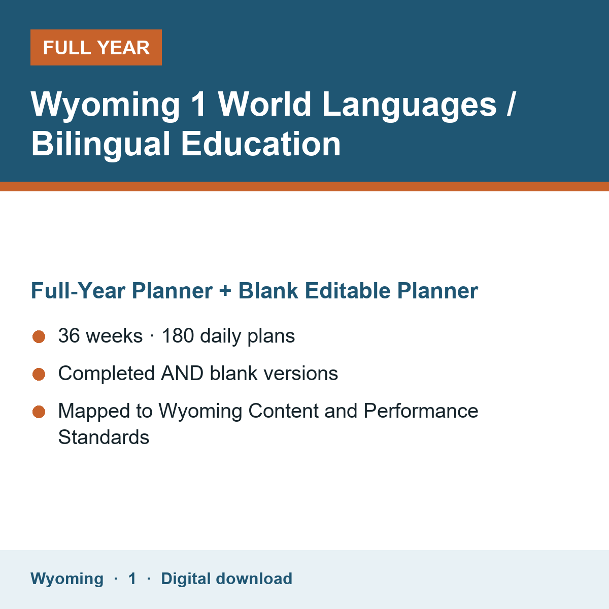 Cover of the Wyoming Grade 1 World Languages / Bilingual Education full-year teacher planner