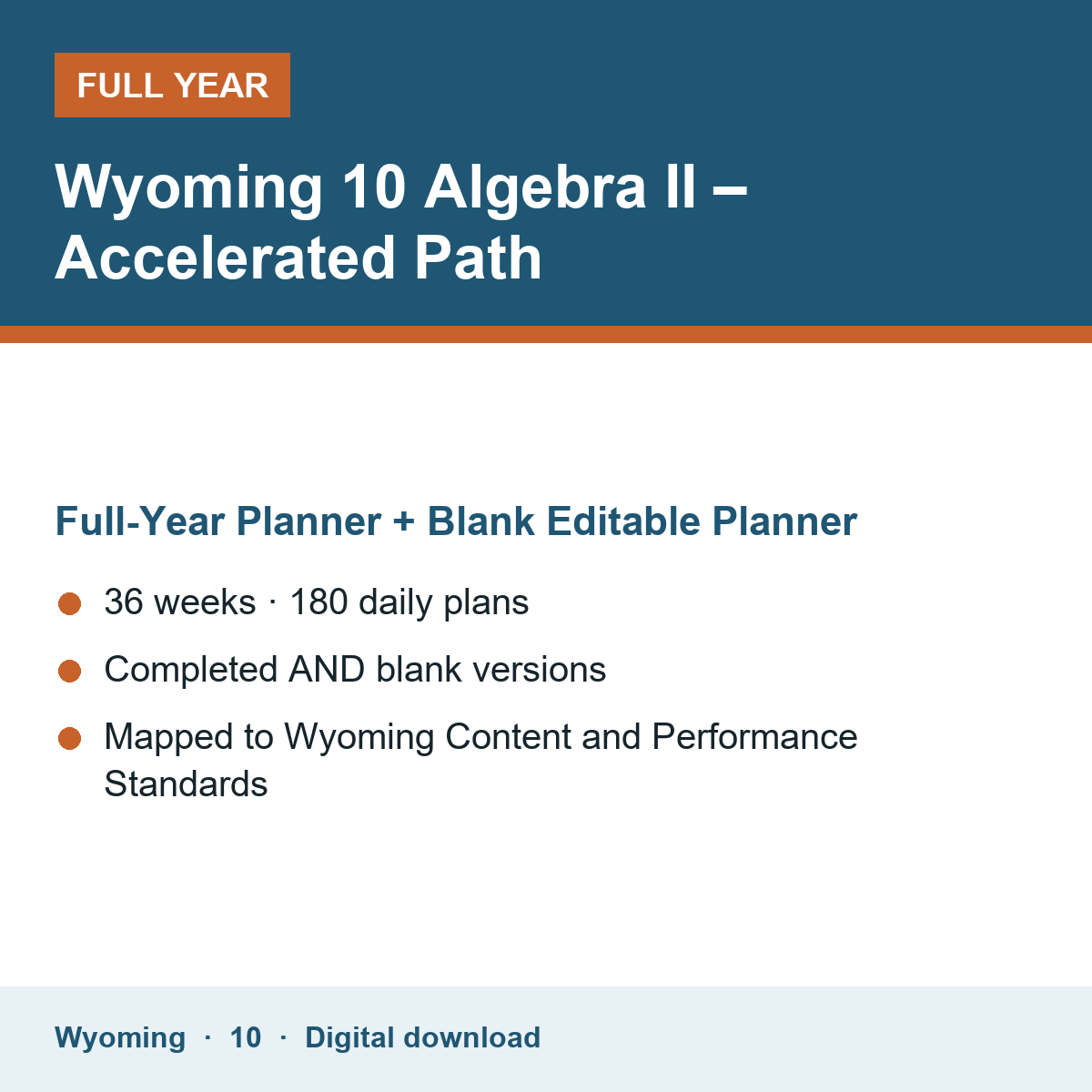 Cover of the Wyoming Grade 10 Algebra II – Accelerated Path full-year teacher planner