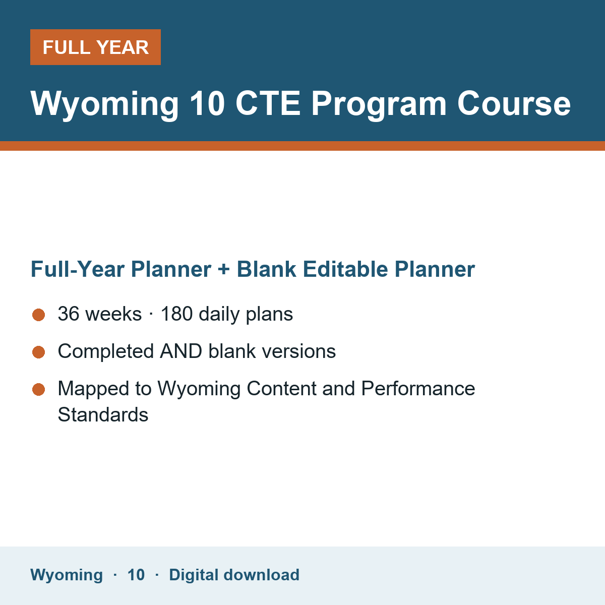 Cover of the Wyoming Grade 10 CTE Program Course full-year teacher planner