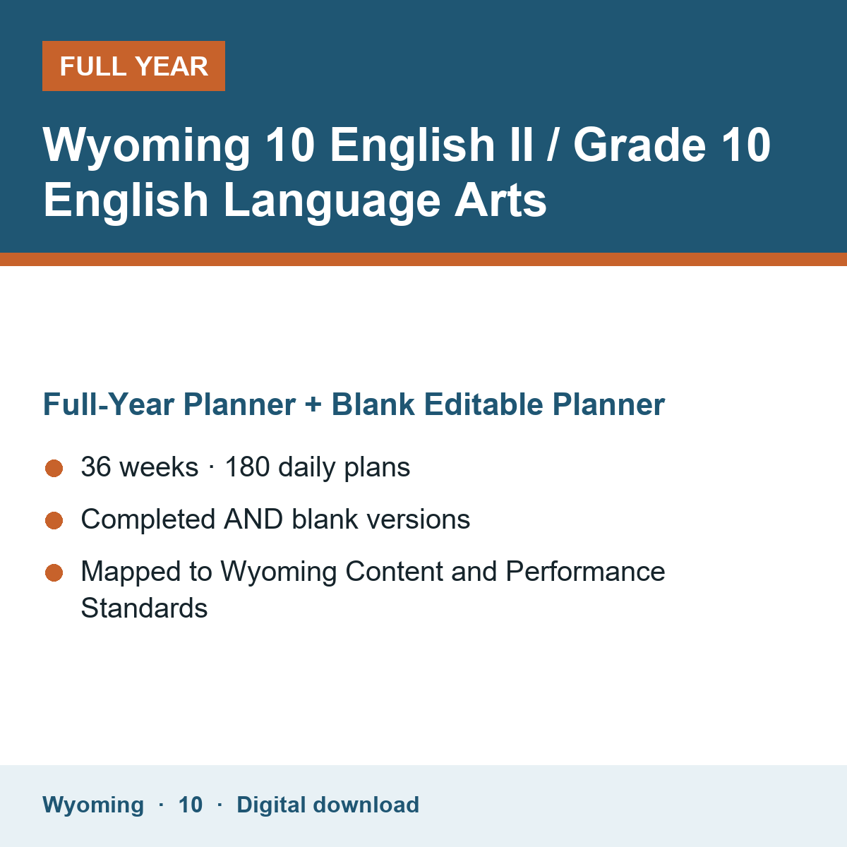 Cover of the Wyoming Grade 10 English II / Grade 10 English Language Arts full-year teacher planner