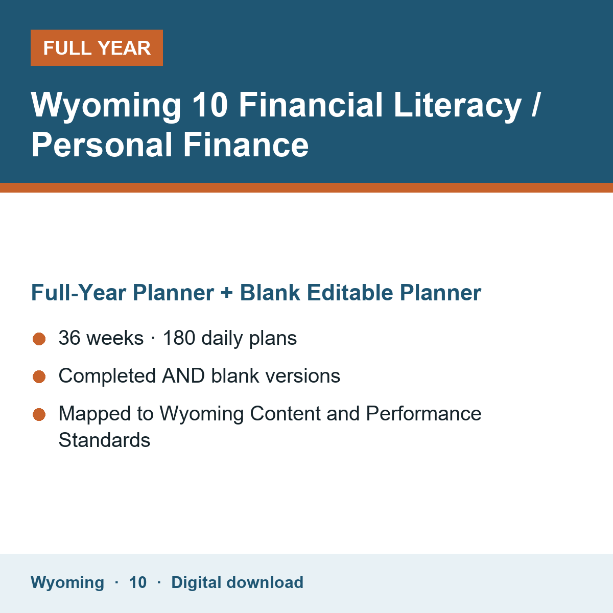Cover of the Wyoming Grade 10 Financial Literacy / Personal Finance full-year teacher planner
