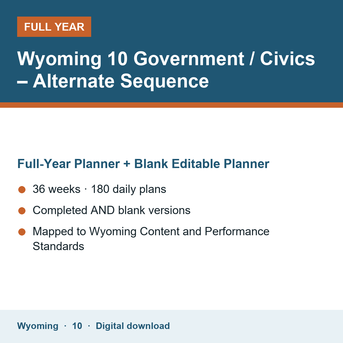 Cover of the Wyoming Grade 10 Government / Civics – Alternate Sequence full-year teacher planner
