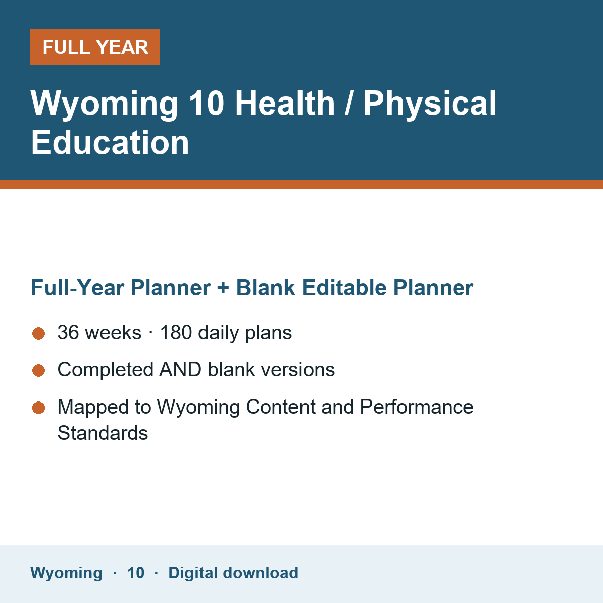 Cover of the Wyoming Grade 10 Health / Physical Education full-year teacher planner
