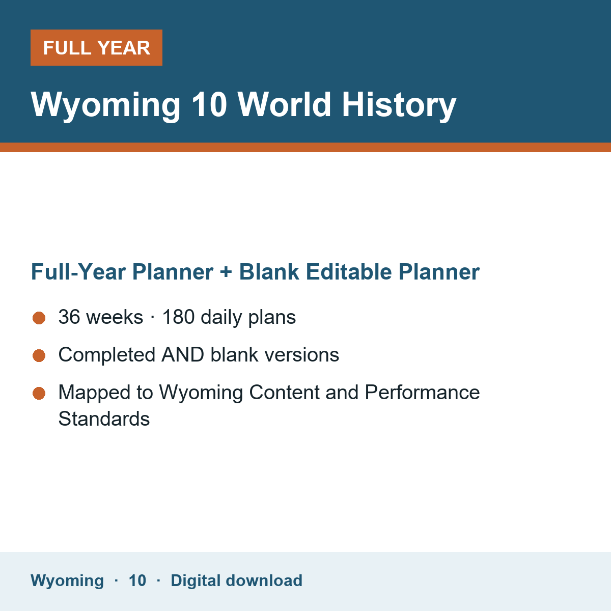 Cover of the Wyoming Grade 10 World History full-year teacher planner