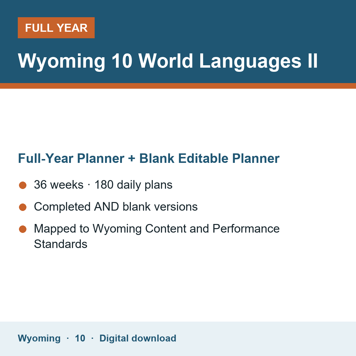 Cover of the Wyoming Grade 10 World Languages II full-year teacher planner