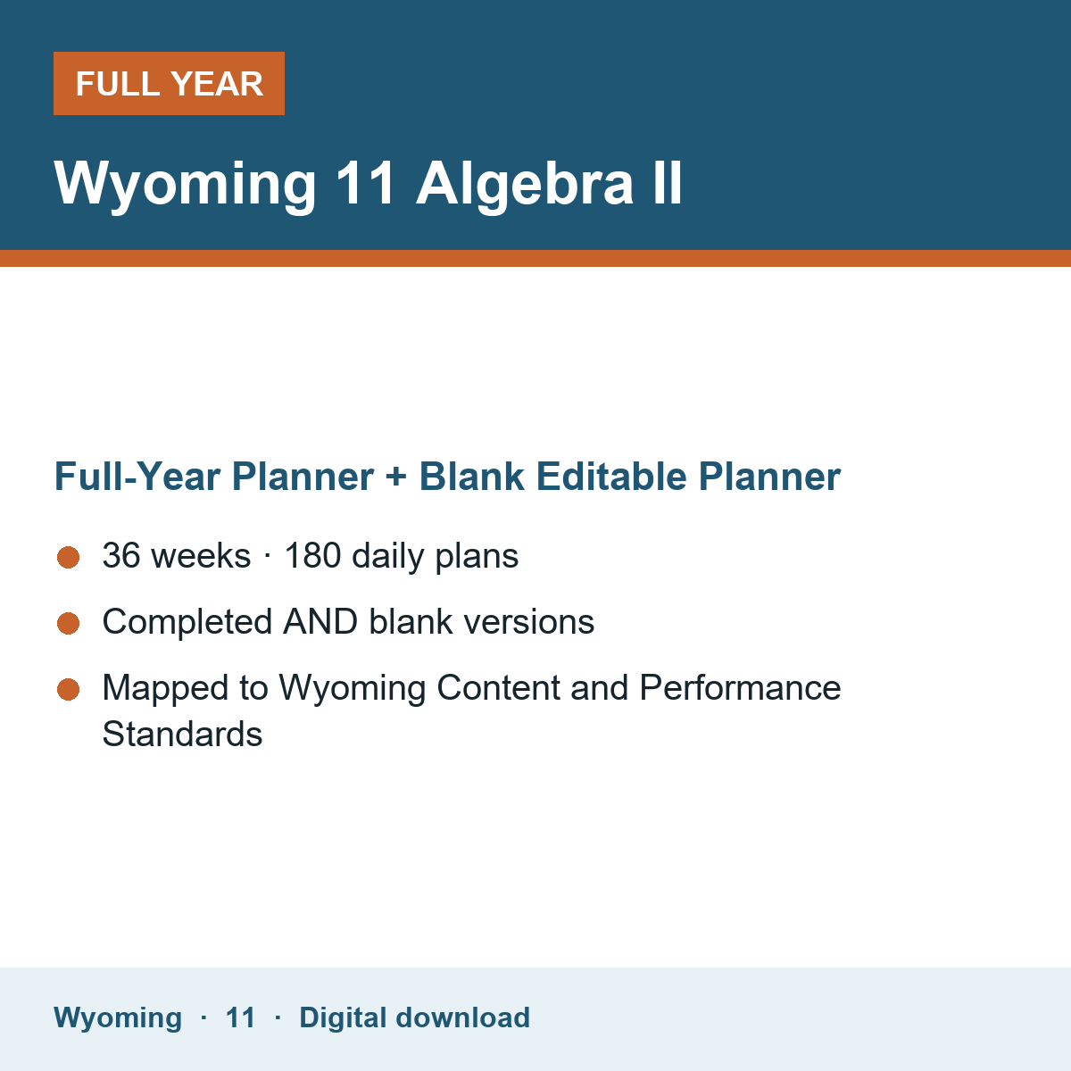 Cover of the Wyoming Grade 11 Algebra II full-year teacher planner