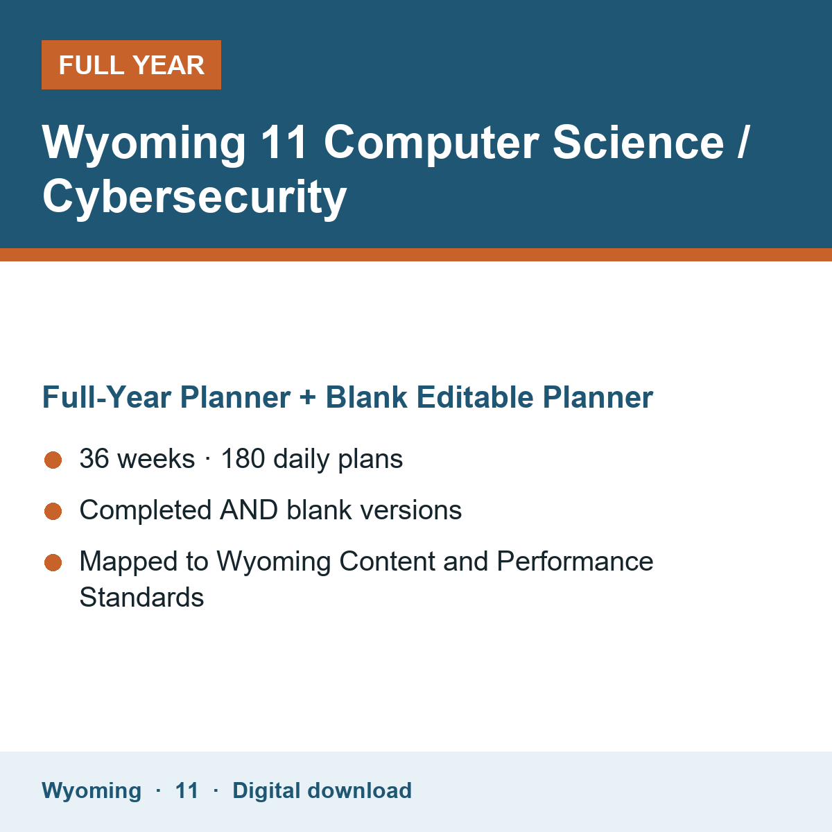 Cover of the Wyoming Grade 11 Computer Science / Cybersecurity full-year teacher planner
