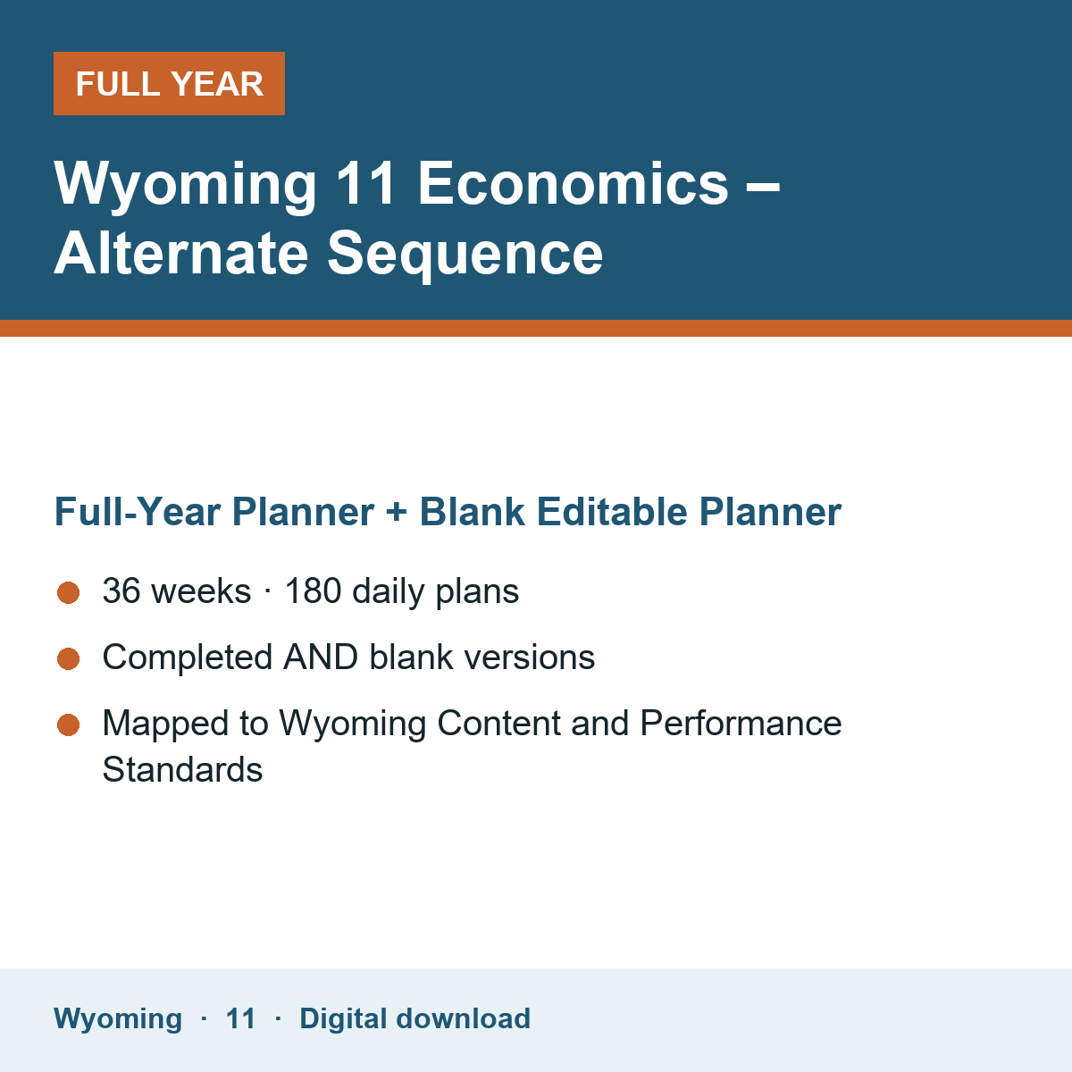 Cover of the Wyoming Grade 11 Economics – Alternate Sequence full-year teacher planner