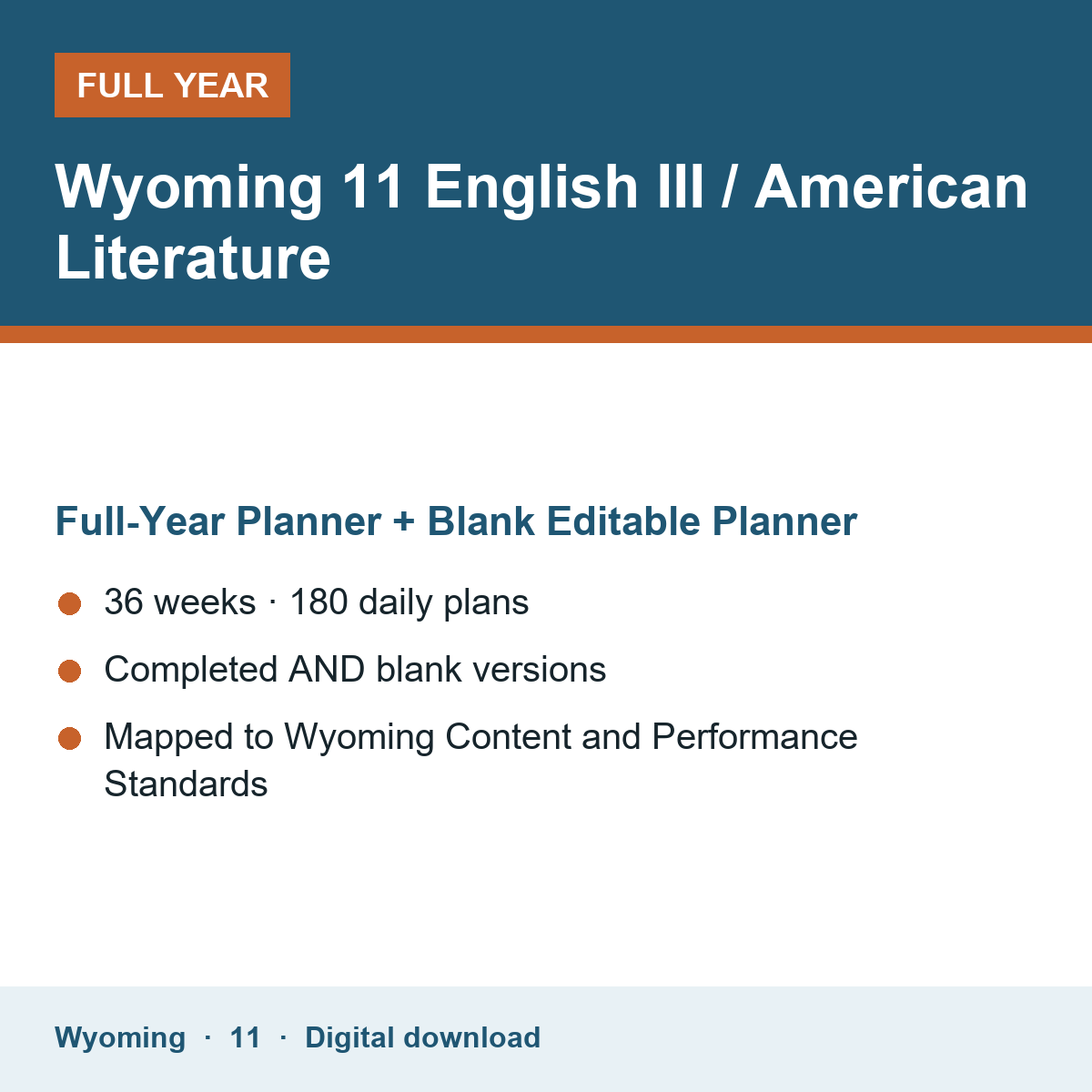 Cover of the Wyoming Grade 11 English III / American Literature full-year teacher planner