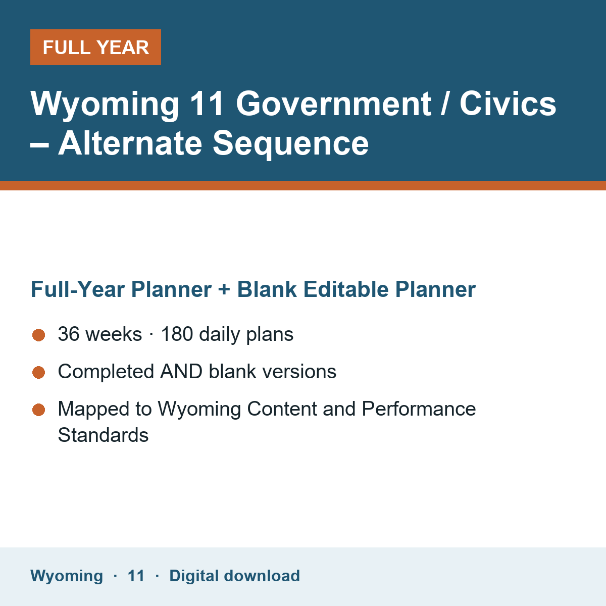 Cover of the Wyoming Grade 11 Government / Civics – Alternate Sequence full-year teacher planner