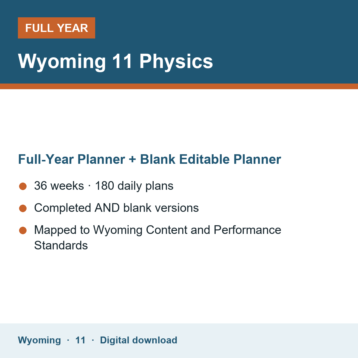 Cover of the Wyoming Grade 11 Physics full-year teacher planner