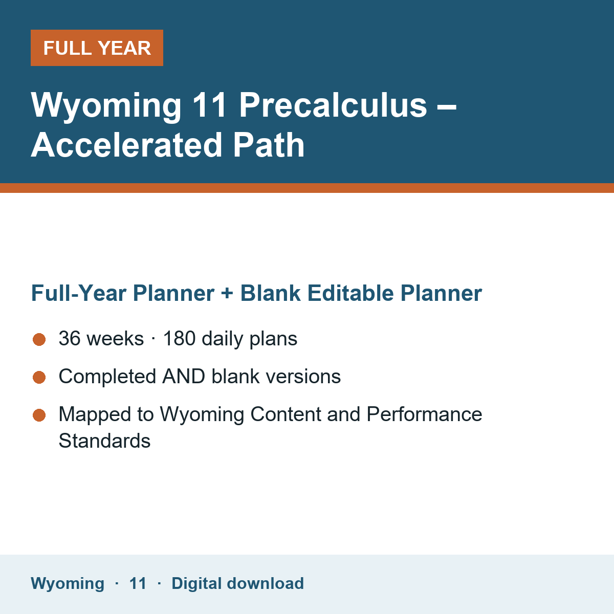 Cover of the Wyoming Grade 11 Precalculus – Accelerated Path full-year teacher planner