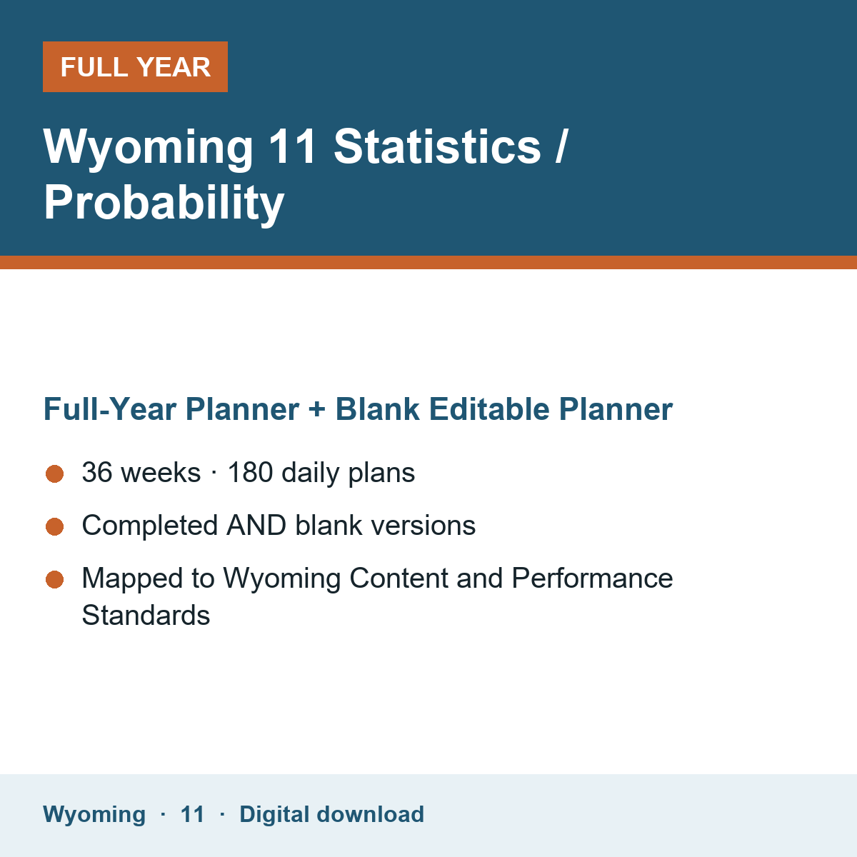 Cover of the Wyoming Grade 11 Statistics / Probability full-year teacher planner