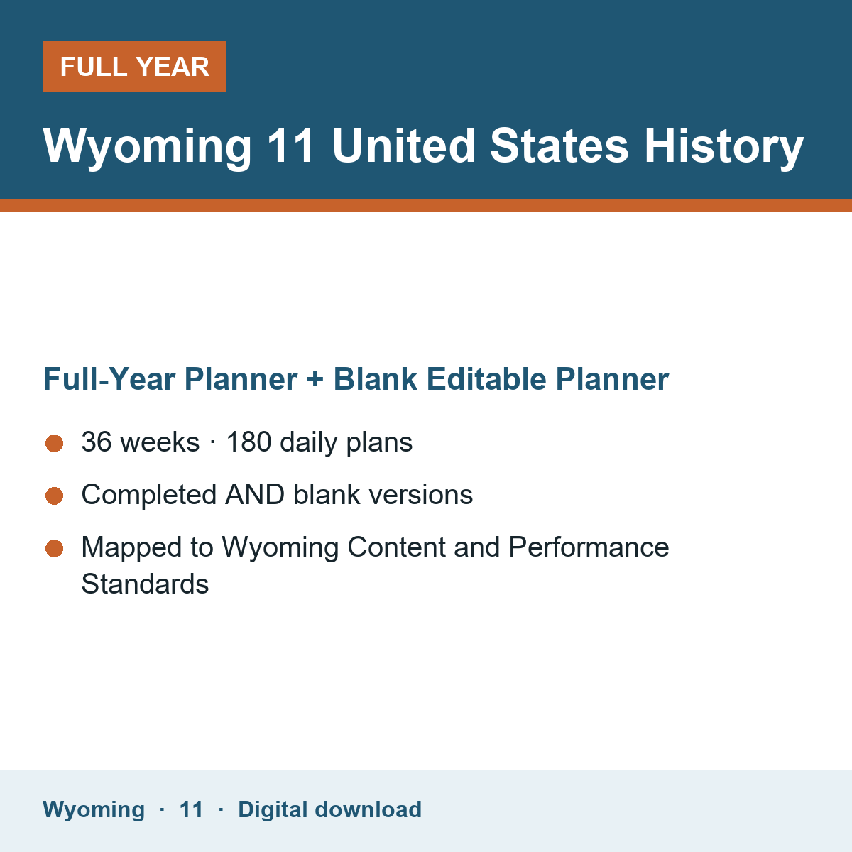 Cover of the Wyoming Grade 11 United States History full-year teacher planner