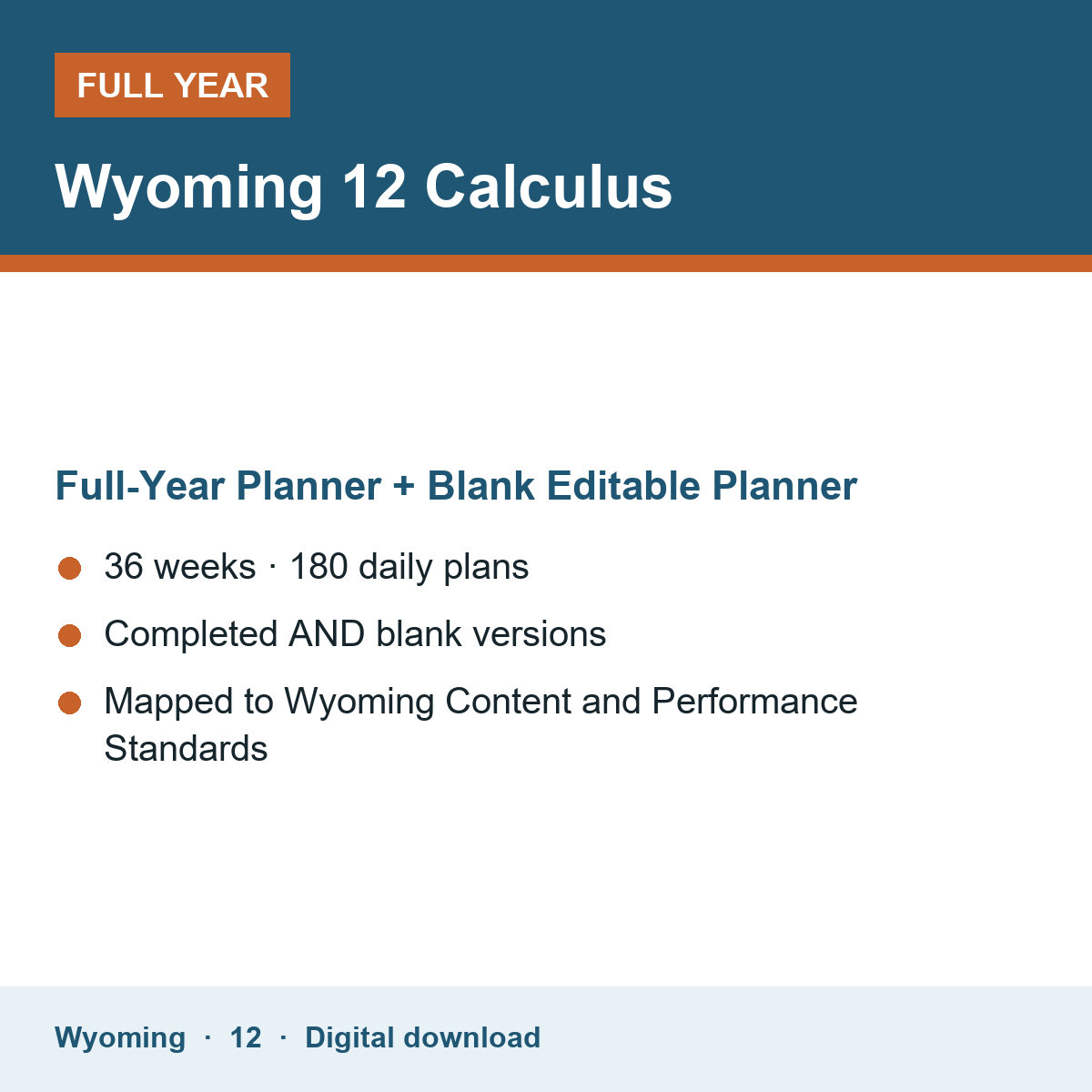 Cover of the Wyoming Grade 12 Calculus full-year teacher planner