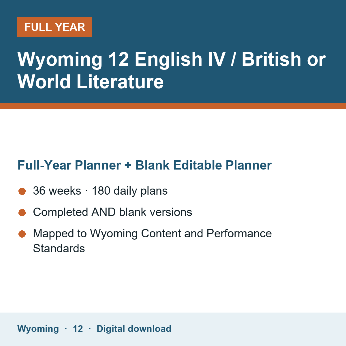Cover of the Wyoming Grade 12 English IV / British or World Literature full-year teacher planner