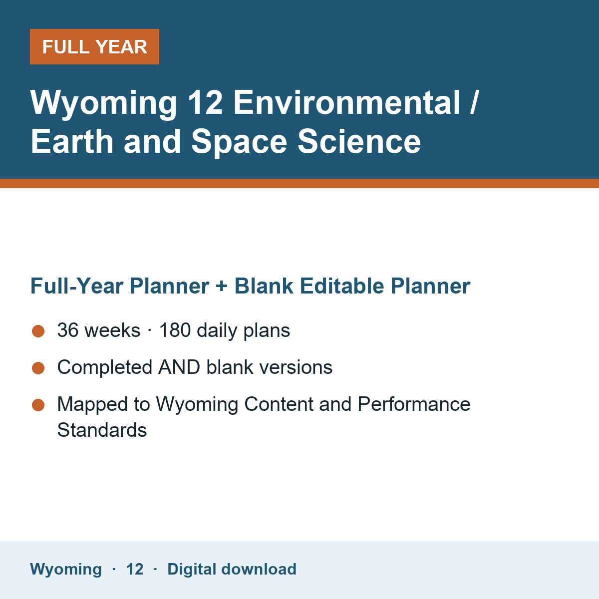 Cover of the Wyoming Grade 12 Environmental / Earth and Space Science full-year teacher planner