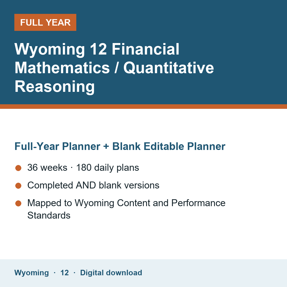 Cover of the Wyoming Grade 12 Financial Mathematics / Quantitative Reasoning full-year teacher planner