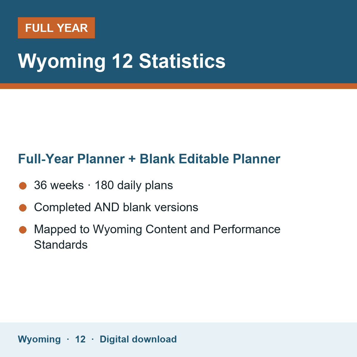 Cover of the Wyoming Grade 12 Statistics full-year teacher planner