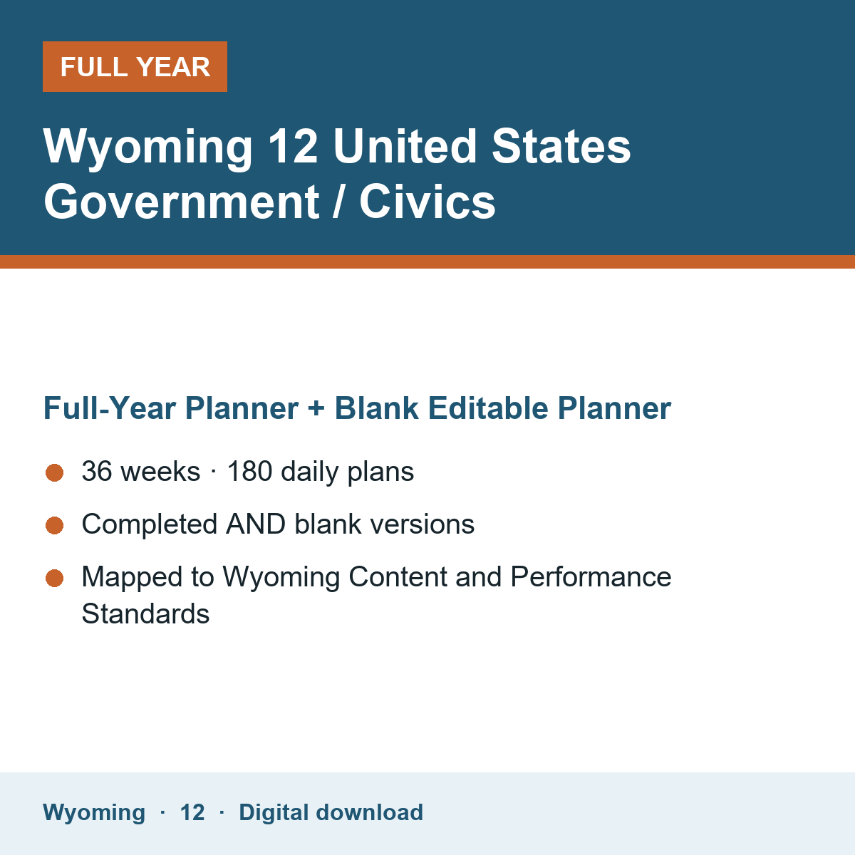 Cover of the Wyoming Grade 12 United States Government / Civics full-year teacher planner