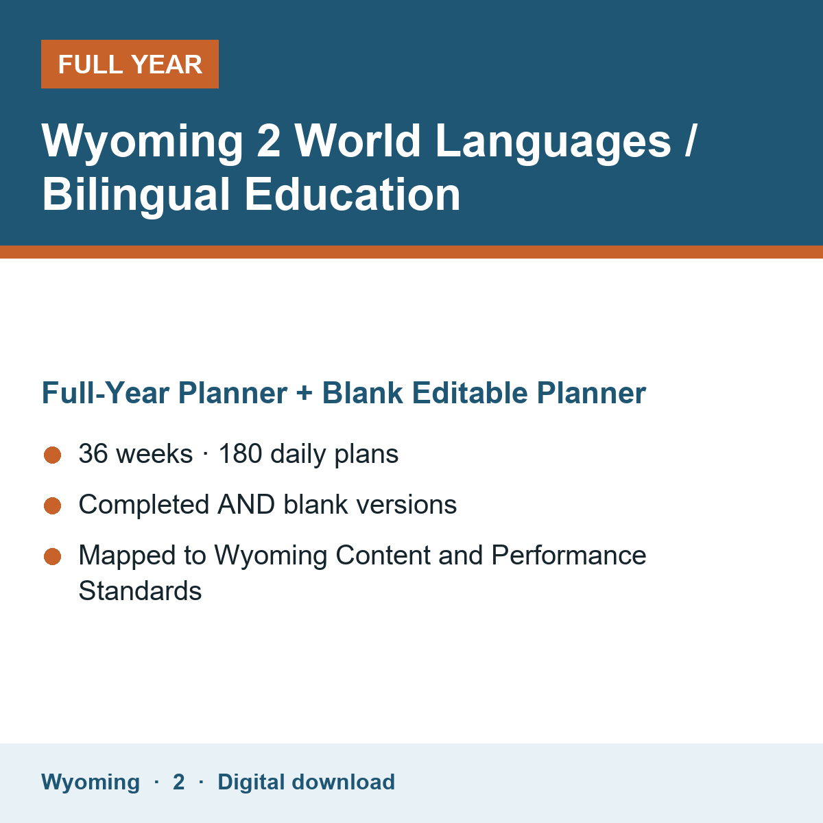 Cover of the Wyoming Grade 2 World Languages / Bilingual Education full-year teacher planner
