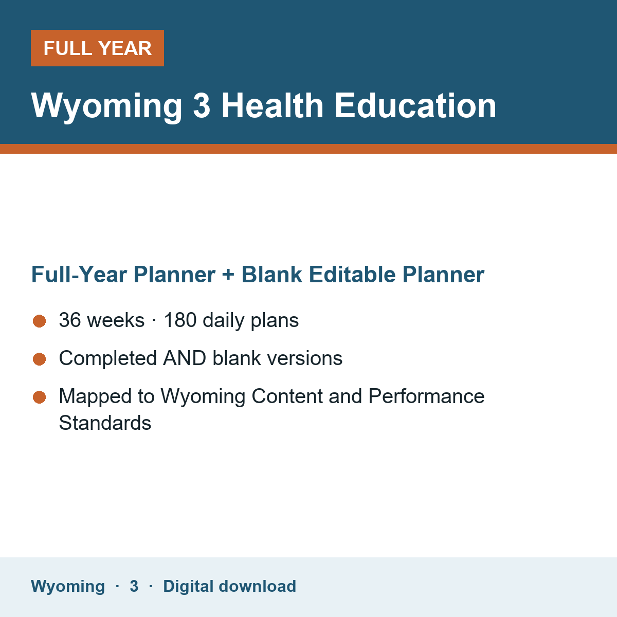 Cover of the Wyoming Grade 3 Health Education full-year teacher planner