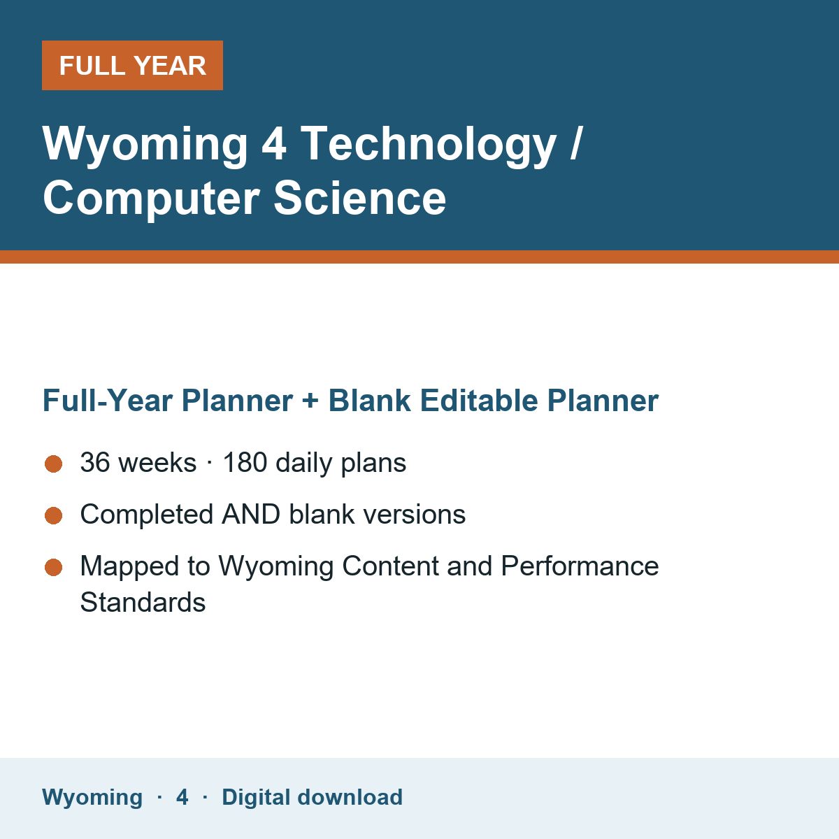 Cover of the Wyoming Grade 4 Technology / Computer Science full-year teacher planner