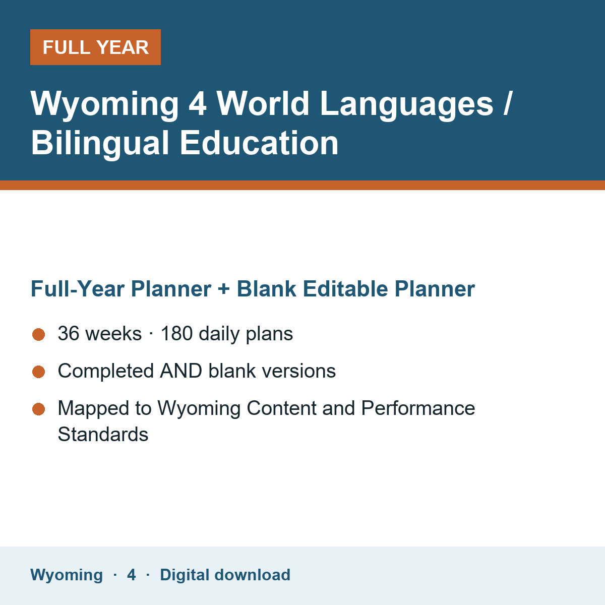Cover of the Wyoming Grade 4 World Languages / Bilingual Education full-year teacher planner