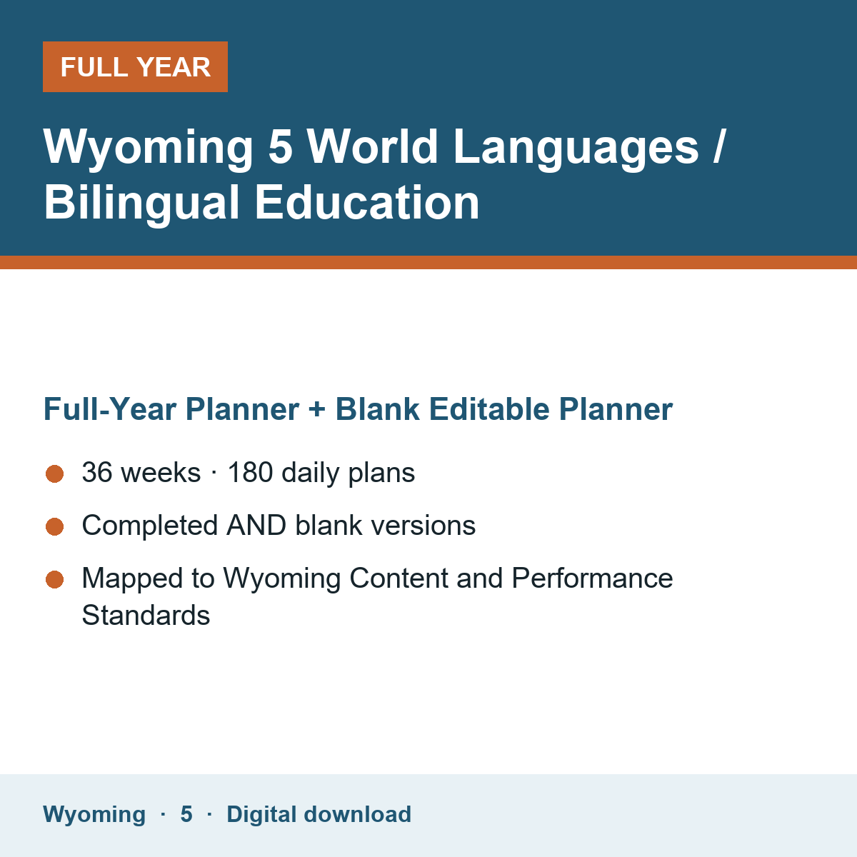 Cover of the Wyoming Grade 5 World Languages / Bilingual Education full-year teacher planner