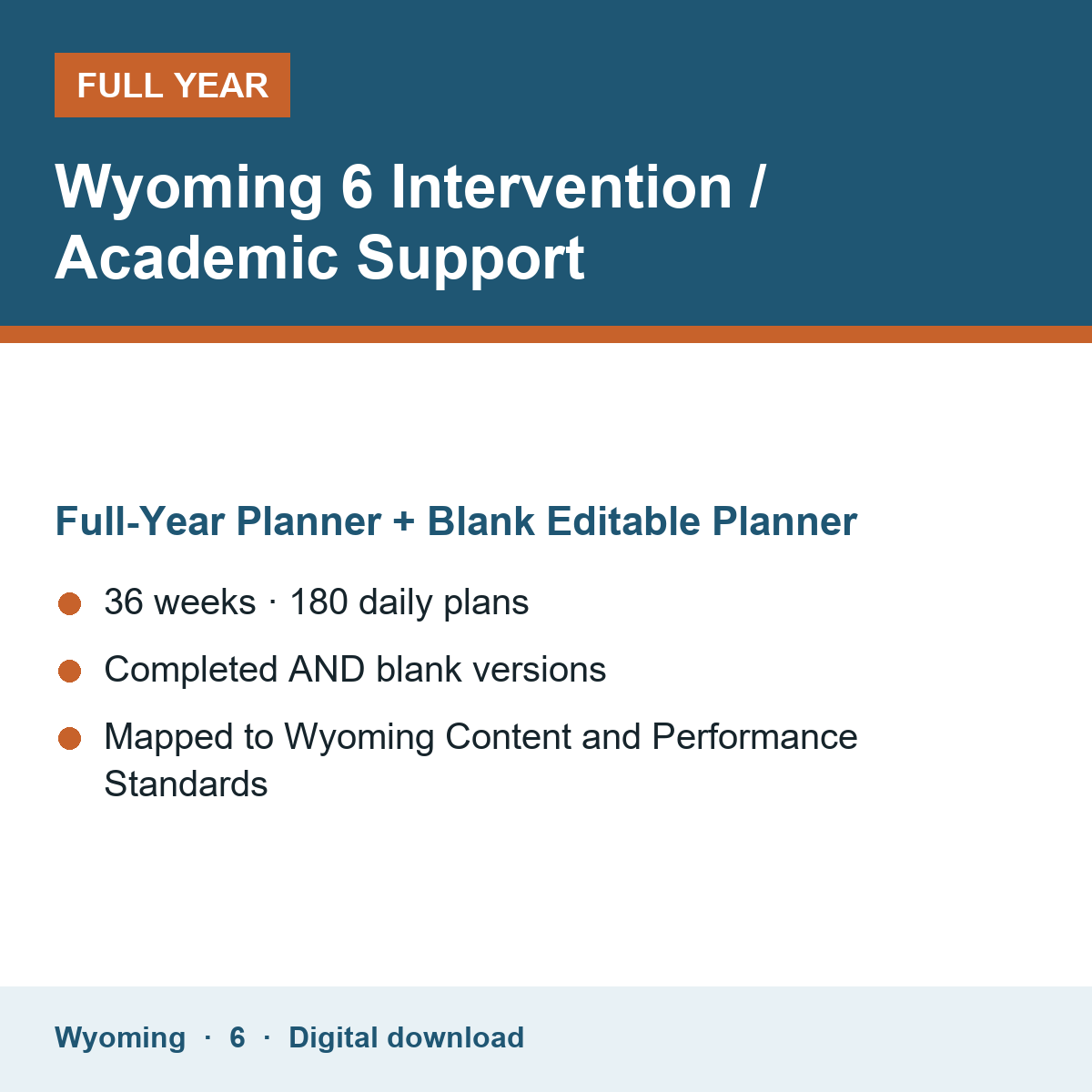 Cover of the Wyoming Grade 6 Intervention / Academic Support full-year teacher planner