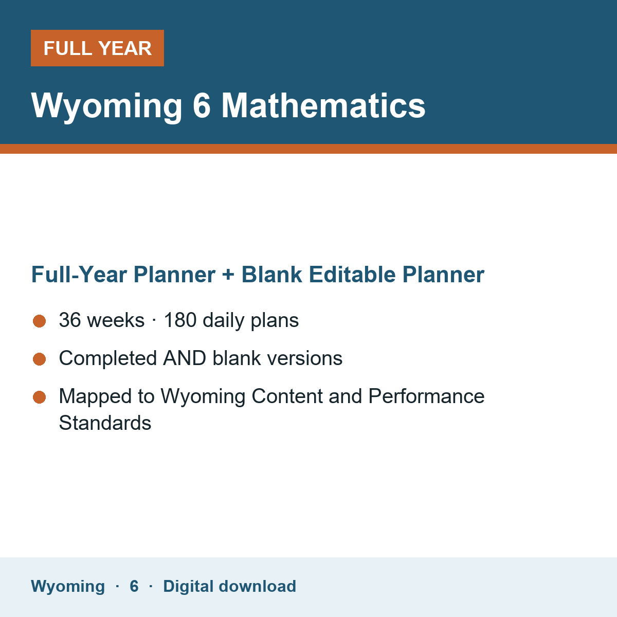 Cover of the Wyoming Grade 6 Mathematics full-year teacher planner