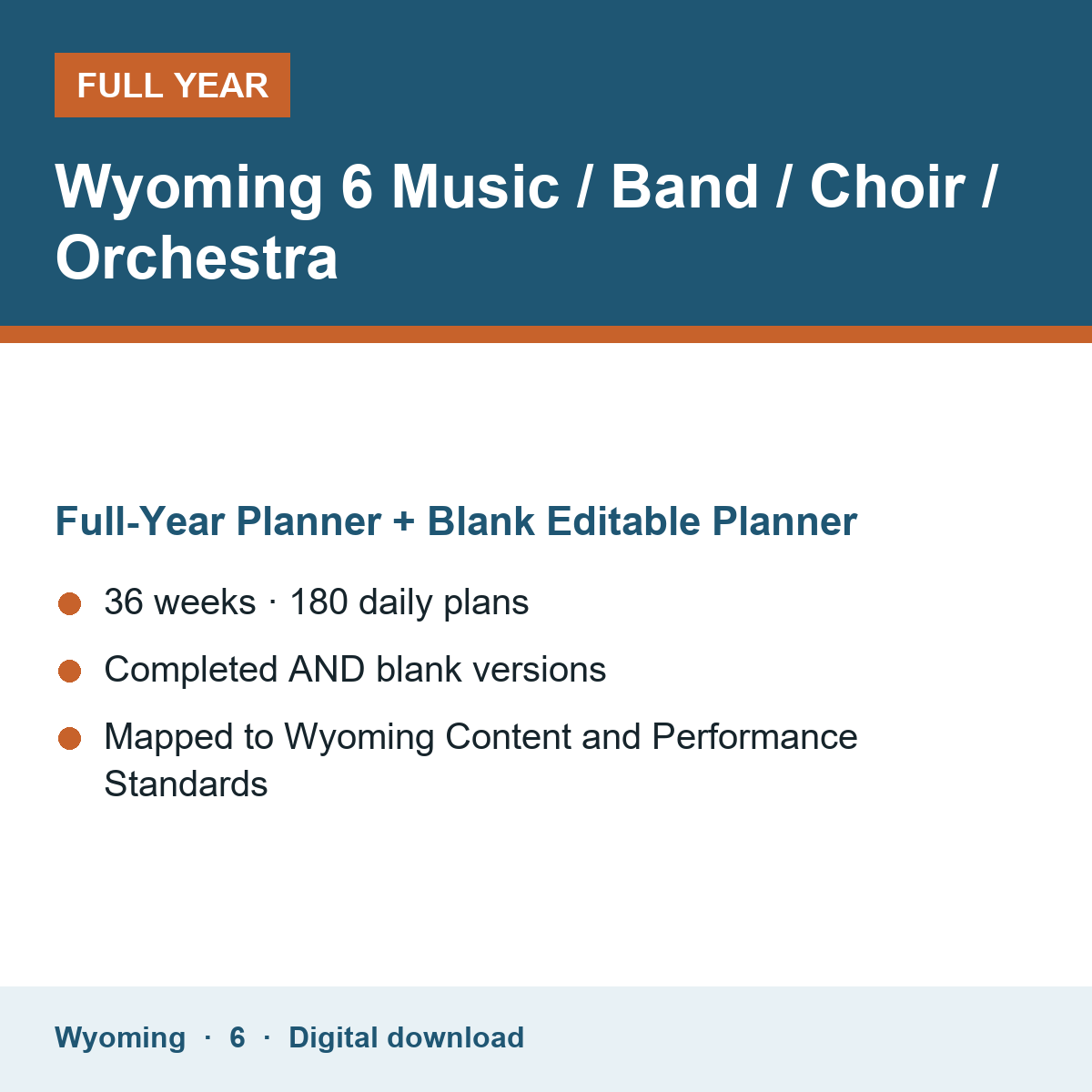 Cover of the Wyoming Grade 6 Music / Band / Choir / Orchestra full-year teacher planner