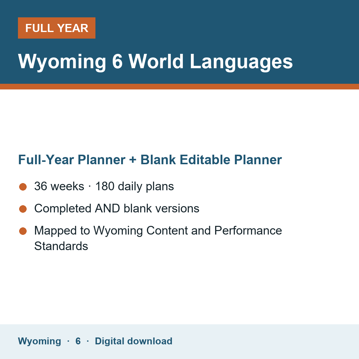 Cover of the Wyoming Grade 6 World Languages full-year teacher planner