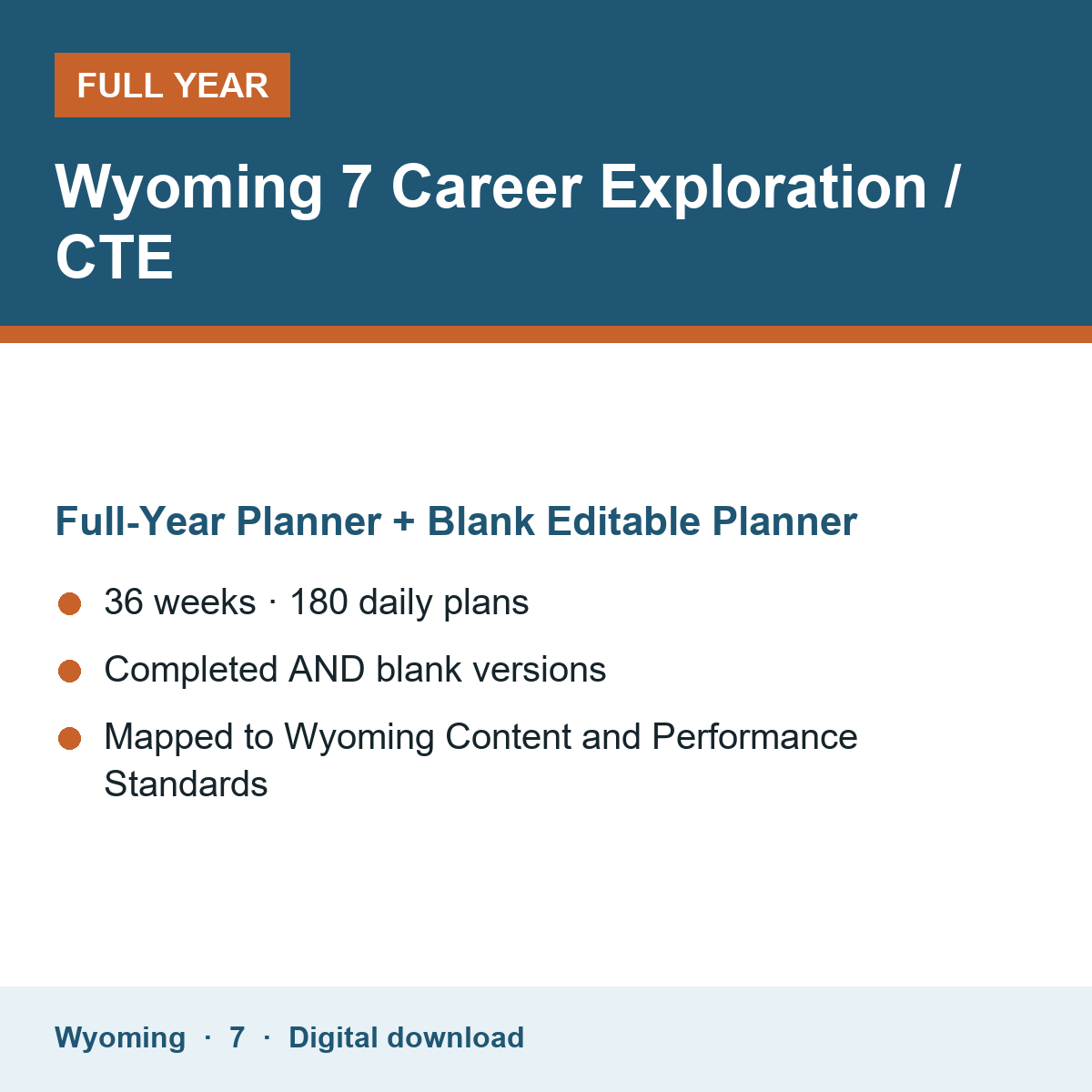 Cover of the Wyoming Grade 7 Career Exploration / CTE full-year teacher planner